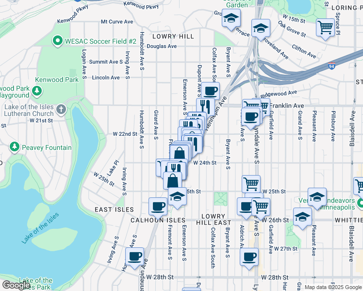 map of restaurants, bars, coffee shops, grocery stores, and more near 2330 Hennepin Avenue South in Minneapolis