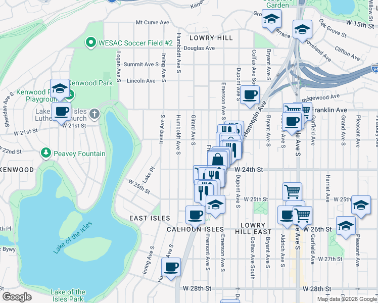 map of restaurants, bars, coffee shops, grocery stores, and more near 2316 Girard Avenue South in Minneapolis