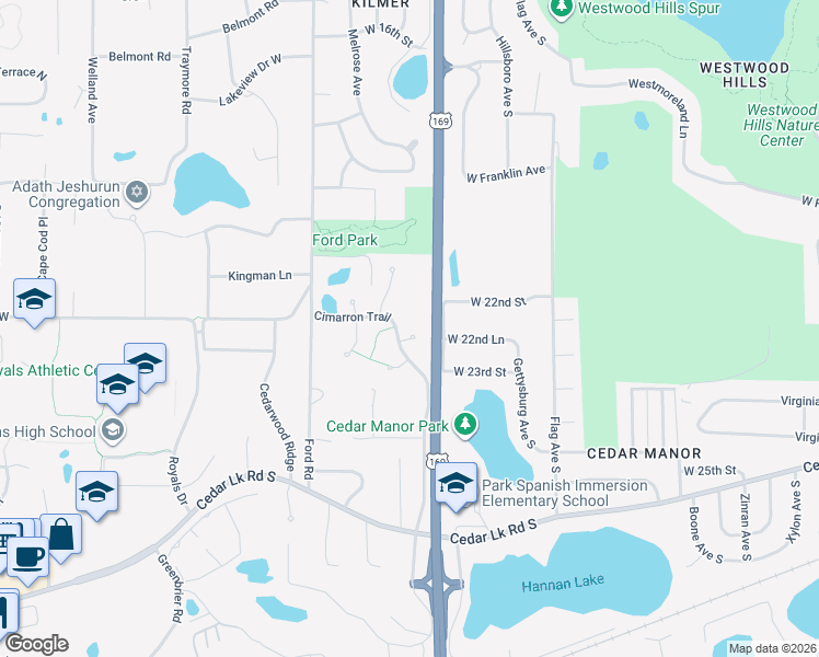 map of restaurants, bars, coffee shops, grocery stores, and more near 9621 Lonsdale Circle in Hopkins