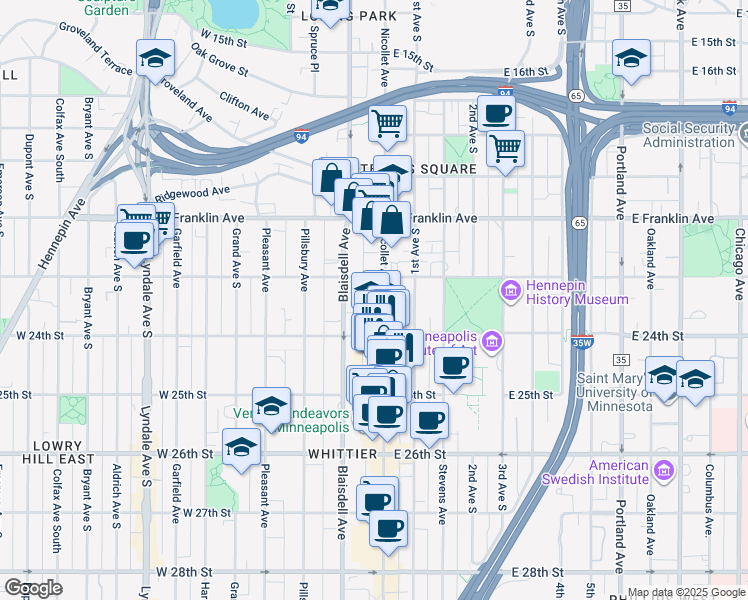 map of restaurants, bars, coffee shops, grocery stores, and more near 22 West 24th Street in Minneapolis