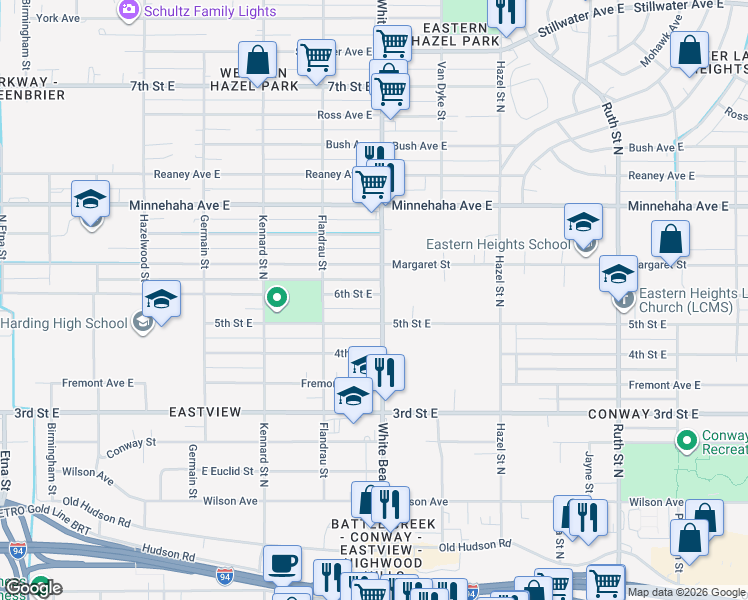 map of restaurants, bars, coffee shops, grocery stores, and more near 607 White Bear Avenue in Saint Paul