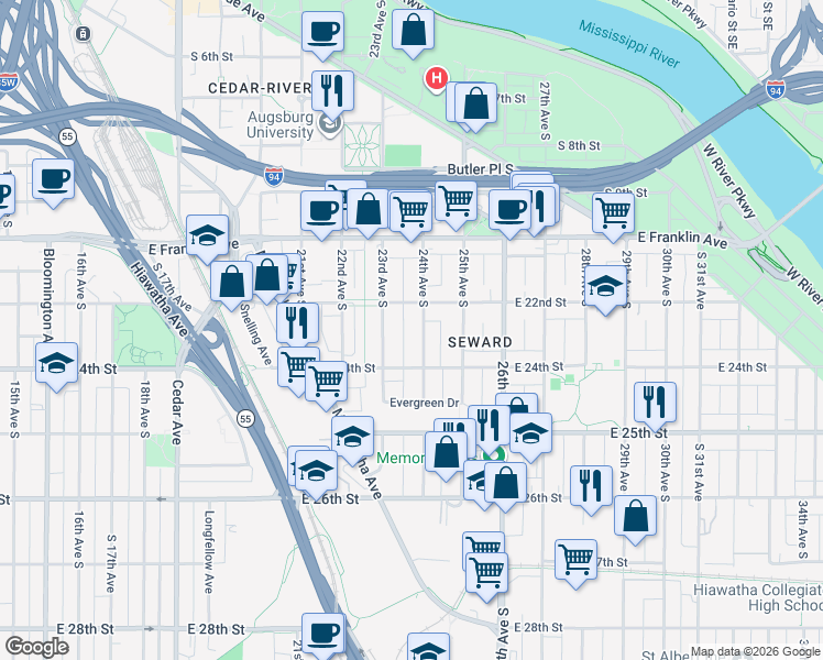 map of restaurants, bars, coffee shops, grocery stores, and more near 2310 East 24th Street in Minneapolis