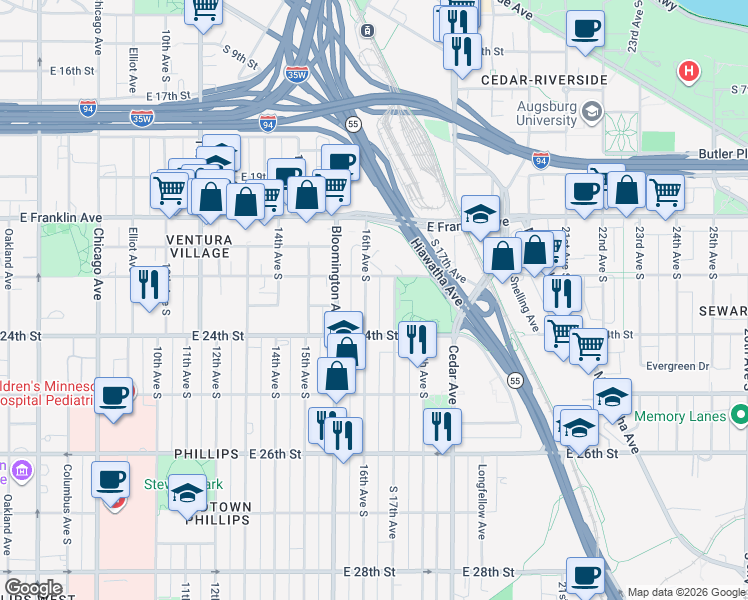 map of restaurants, bars, coffee shops, grocery stores, and more near 1614 East 24th Street in Minneapolis
