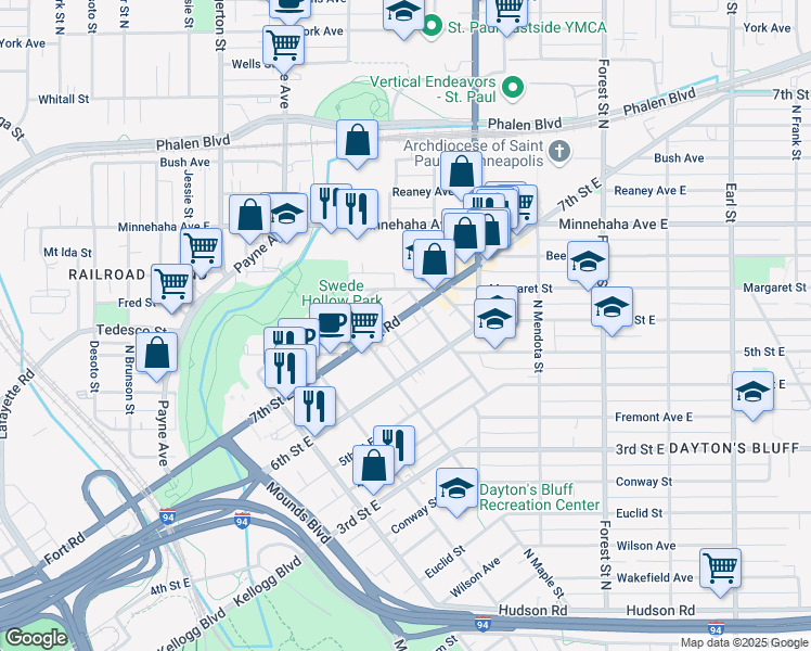 map of restaurants, bars, coffee shops, grocery stores, and more near 403 Eichenwald Street in Saint Paul