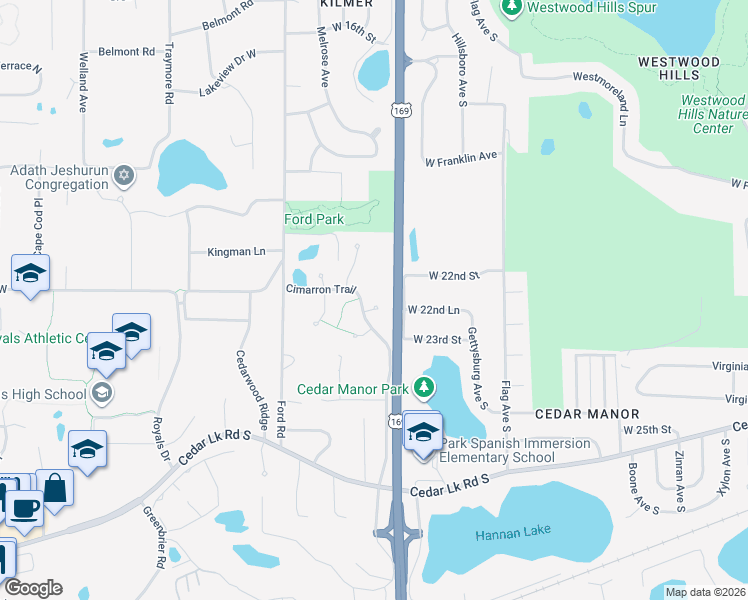 map of restaurants, bars, coffee shops, grocery stores, and more near 9621 Lonsdale Circle in Hopkins
