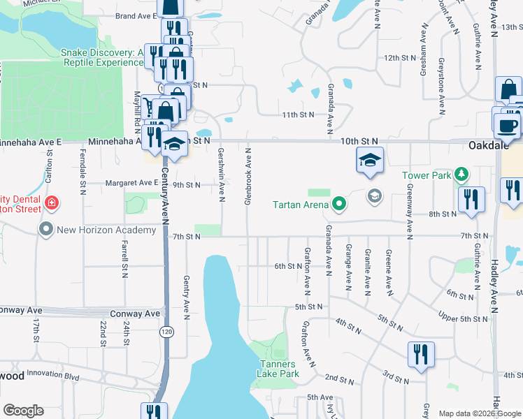 map of restaurants, bars, coffee shops, grocery stores, and more near 821 Glenbrook Avenue North in Oakdale