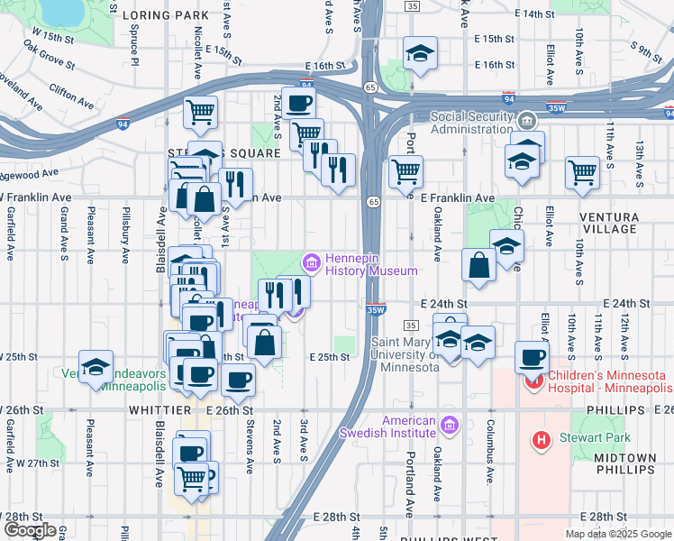 map of restaurants, bars, coffee shops, grocery stores, and more near 2211 Clinton Avenue in Minneapolis