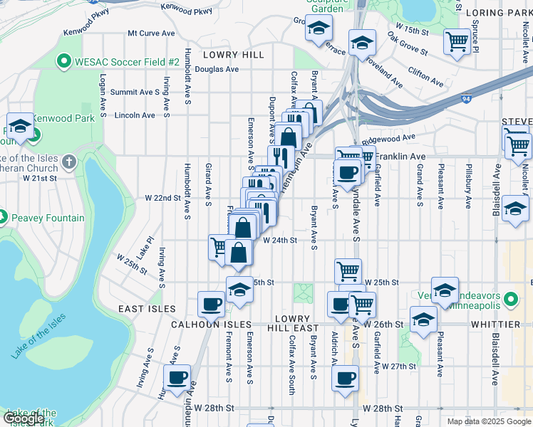 map of restaurants, bars, coffee shops, grocery stores, and more near 2212 Hennepin Avenue in Minneapolis