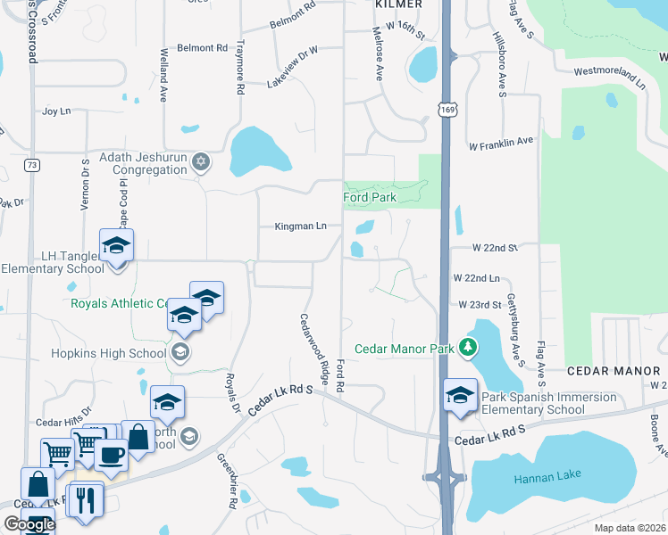 map of restaurants, bars, coffee shops, grocery stores, and more near 10000 Hillside Lane West in Minnetonka