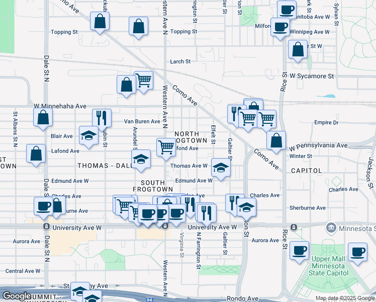 map of restaurants, bars, coffee shops, grocery stores, and more near in Saint Paul