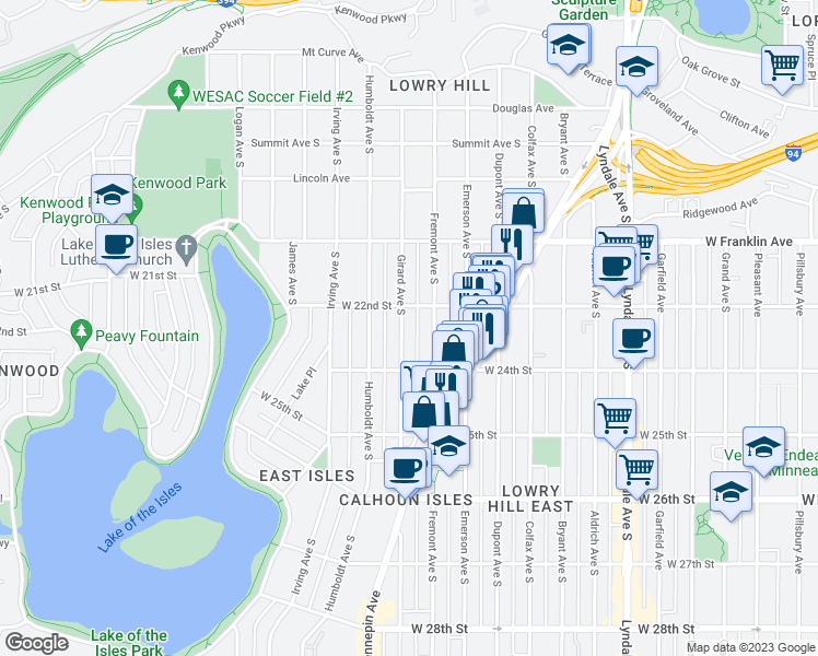 map of restaurants, bars, coffee shops, grocery stores, and more near 2217 Girard Avenue South in Minneapolis