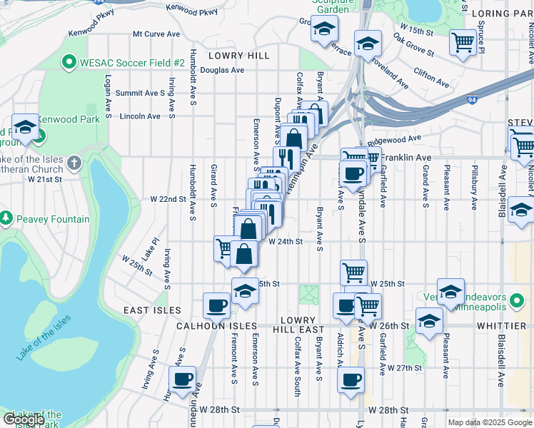 map of restaurants, bars, coffee shops, grocery stores, and more near 2129 Emerson Avenue South in Minneapolis