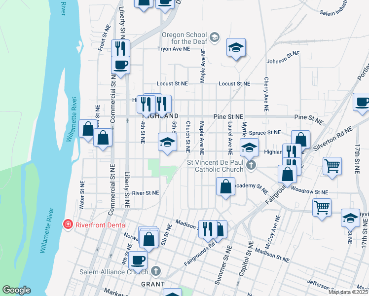 map of restaurants, bars, coffee shops, grocery stores, and more near 2290 5th Street Northeast in Salem