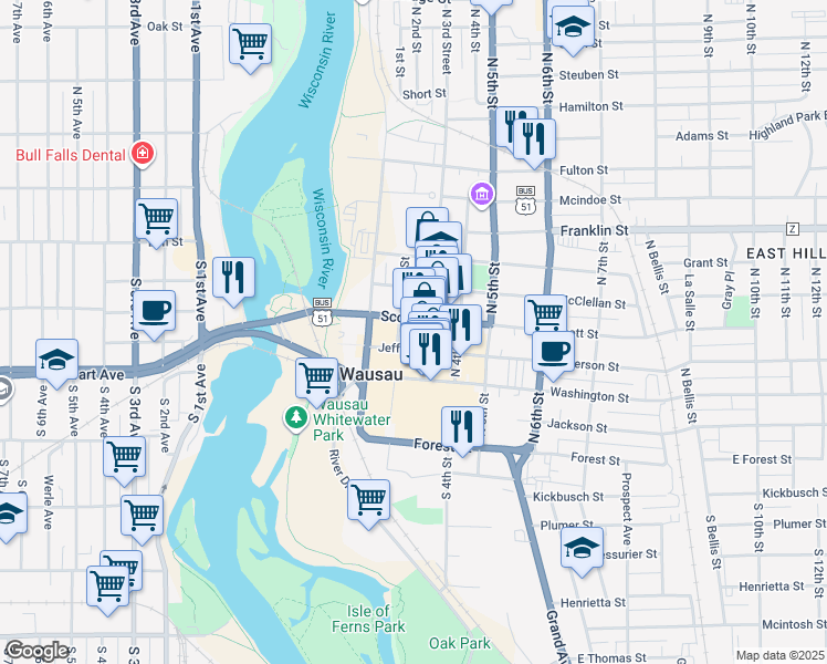 map of restaurants, bars, coffee shops, grocery stores, and more near 500 N 3rd Street in Wausau