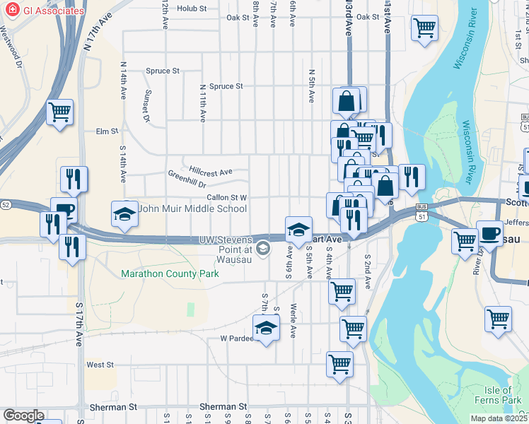 map of restaurants, bars, coffee shops, grocery stores, and more near 710 Callon Street West in Wausau