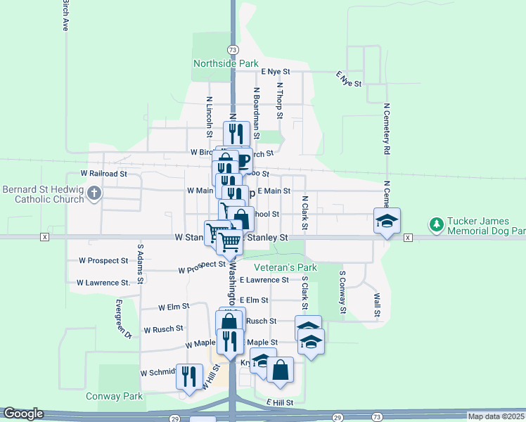map of restaurants, bars, coffee shops, grocery stores, and more near 204 East Main Street in Thorp