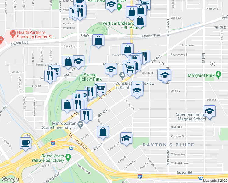 map of restaurants, bars, coffee shops, grocery stores, and more near 752 Margaret Street in Saint Paul