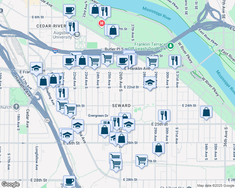 map of restaurants, bars, coffee shops, grocery stores, and more near 2508 East 22nd Street in Minneapolis