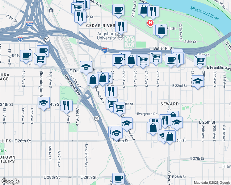 map of restaurants, bars, coffee shops, grocery stores, and more near 2126 East 22nd Street in Minneapolis