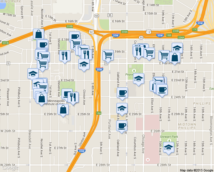 map of restaurants, bars, coffee shops, grocery stores, and more near 2123 South 5th Avenue in Minneapolis