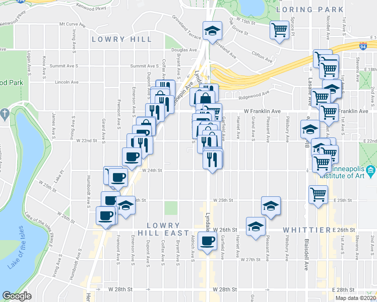 map of restaurants, bars, coffee shops, grocery stores, and more near 2122 Aldrich Avenue South in Minneapolis