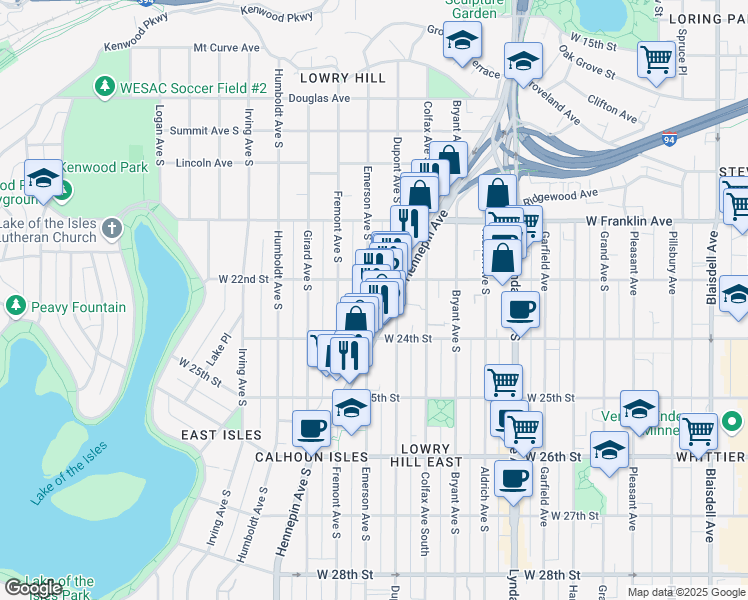 map of restaurants, bars, coffee shops, grocery stores, and more near 2129 Emerson Avenue South in Minneapolis