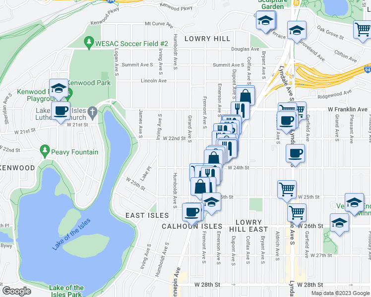 map of restaurants, bars, coffee shops, grocery stores, and more near 2128 Girard Avenue South in Minneapolis