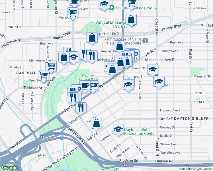 map of restaurants, bars, coffee shops, grocery stores, and more near 776 East 7th Street in Saint Paul