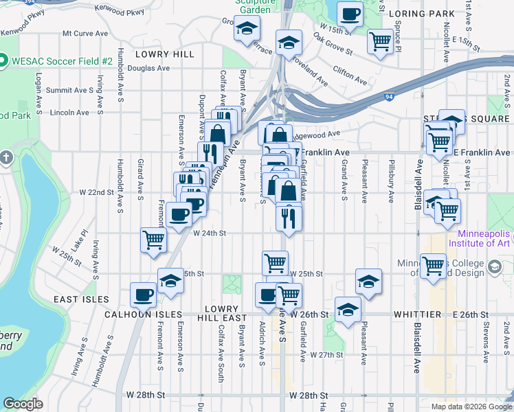 map of restaurants, bars, coffee shops, grocery stores, and more near 2122 Aldrich Avenue South in Minneapolis