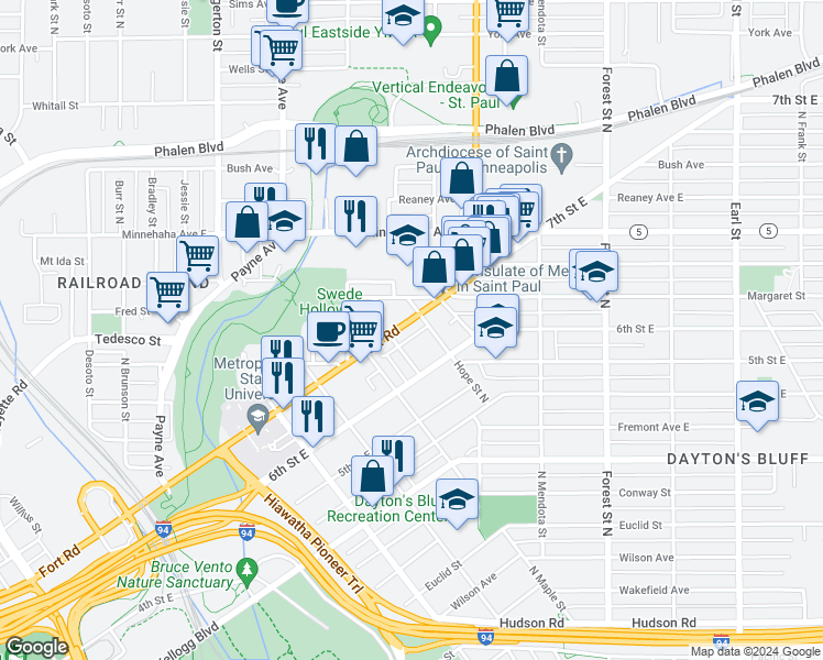 map of restaurants, bars, coffee shops, grocery stores, and more near 776 7th Street East in Saint Paul