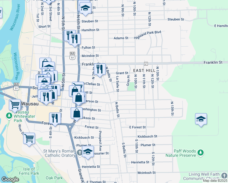 map of restaurants, bars, coffee shops, grocery stores, and more near North Bellis Street in Wausau