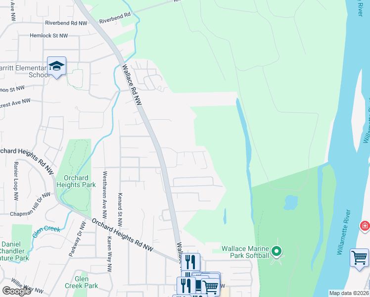 map of restaurants, bars, coffee shops, grocery stores, and more near 665 River Valley Drive Northwest in Salem