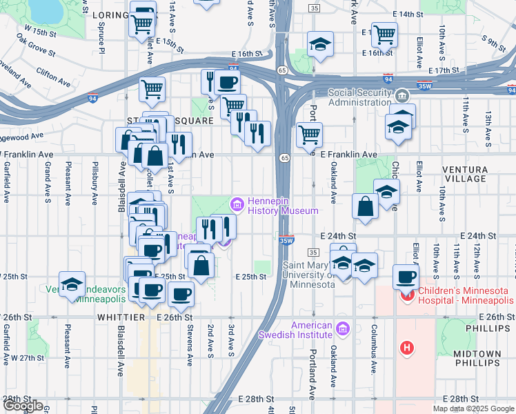 map of restaurants, bars, coffee shops, grocery stores, and more near 2201 Clinton Avenue in Minneapolis