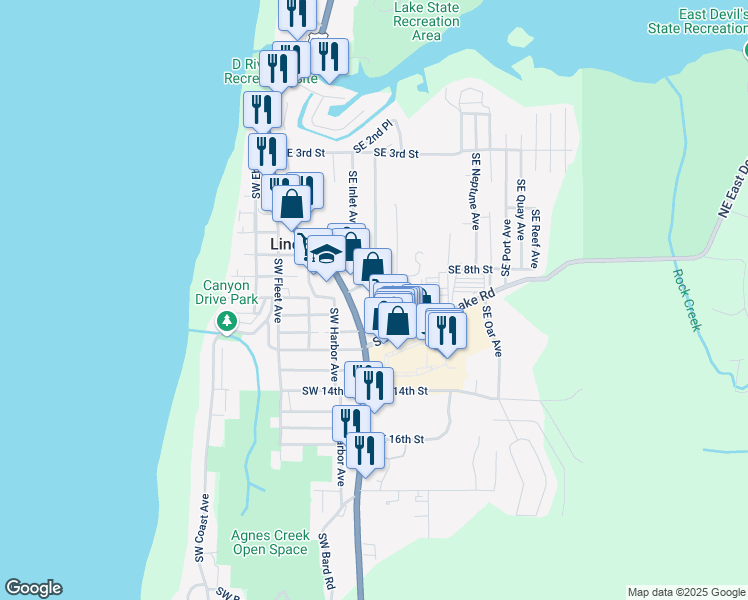 map of restaurants, bars, coffee shops, grocery stores, and more near 615 Southeast Inlet Avenue in Lincoln City