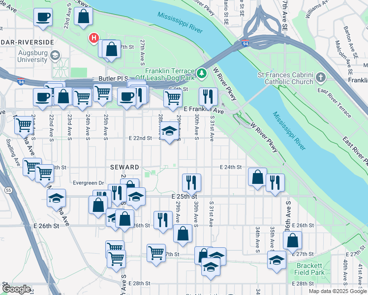 map of restaurants, bars, coffee shops, grocery stores, and more near 2904 East 22nd Street in Minneapolis