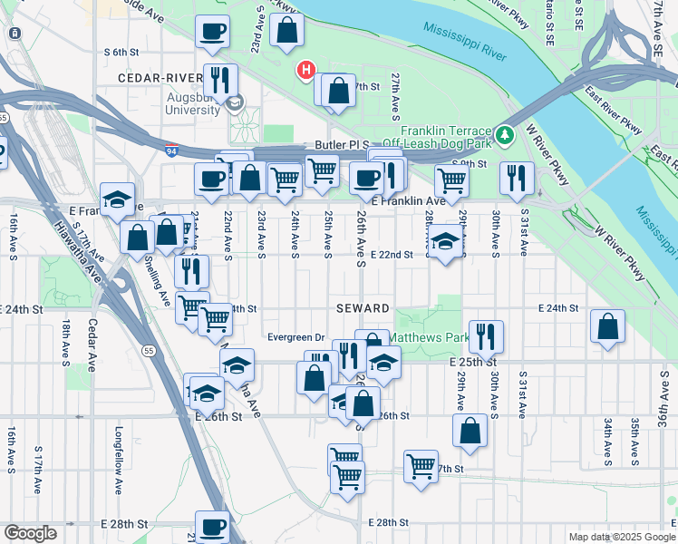 map of restaurants, bars, coffee shops, grocery stores, and more near 2508 East 22nd Street in Minneapolis