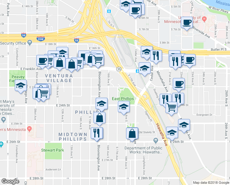 map of restaurants, bars, coffee shops, grocery stores, and more near 2123 16th Avenue South in Minneapolis