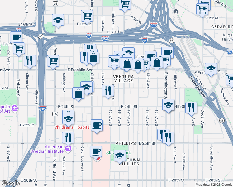 map of restaurants, bars, coffee shops, grocery stores, and more near 1000 East 22nd Street in Minneapolis