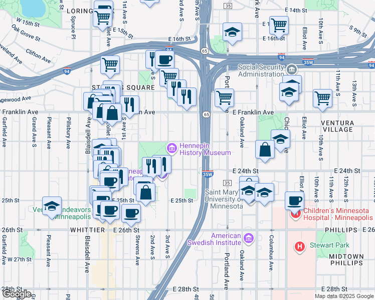 map of restaurants, bars, coffee shops, grocery stores, and more near 2211 Clinton Avenue in Minneapolis
