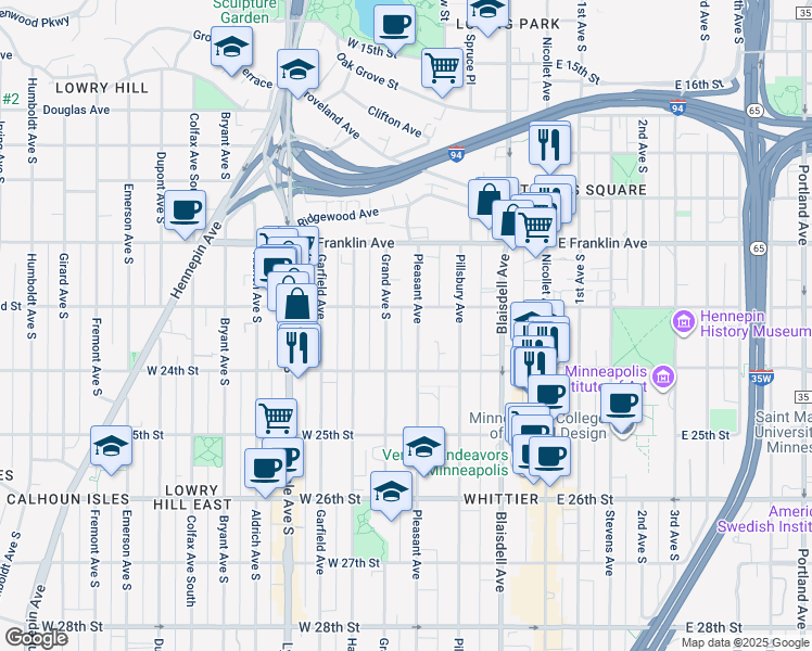 map of restaurants, bars, coffee shops, grocery stores, and more near 308 West 22nd Street in Minneapolis