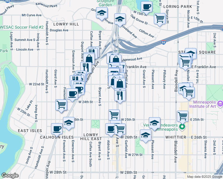map of restaurants, bars, coffee shops, grocery stores, and more near 2122 Aldrich Avenue South in Minneapolis