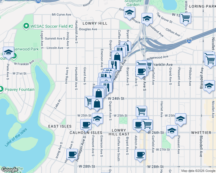 map of restaurants, bars, coffee shops, grocery stores, and more near 2129 Emerson Avenue South in Minneapolis