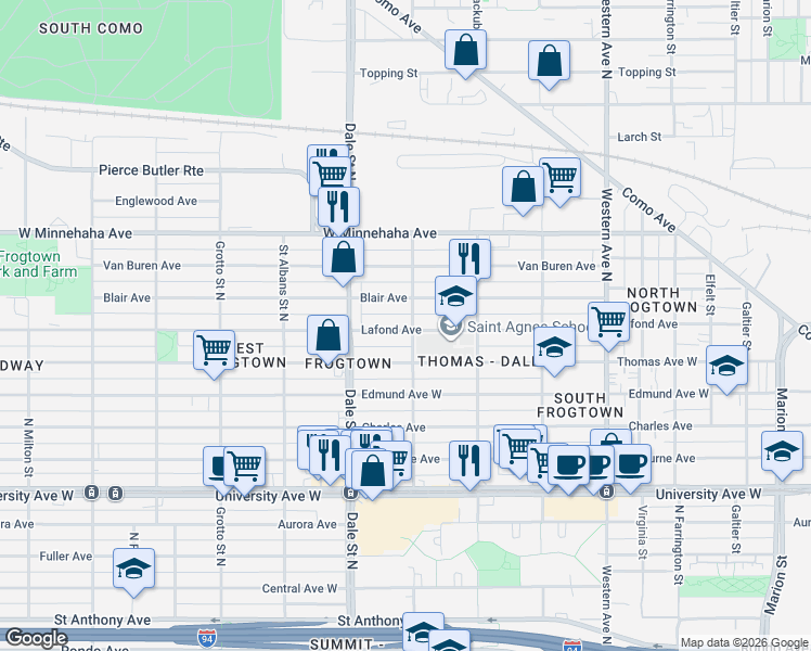 map of restaurants, bars, coffee shops, grocery stores, and more near 574 Blair Avenue in Saint Paul