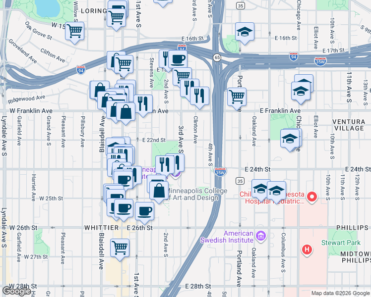 map of restaurants, bars, coffee shops, grocery stores, and more near in Minneapolis