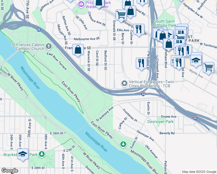 map of restaurants, bars, coffee shops, grocery stores, and more near 255 Bedford Street Southeast in Minneapolis