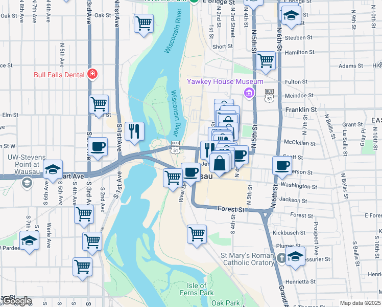 map of restaurants, bars, coffee shops, grocery stores, and more near 11 Scott Street in Wausau