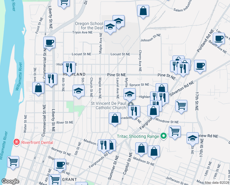 map of restaurants, bars, coffee shops, grocery stores, and more near 2372 Laurel Avenue Northeast in Salem