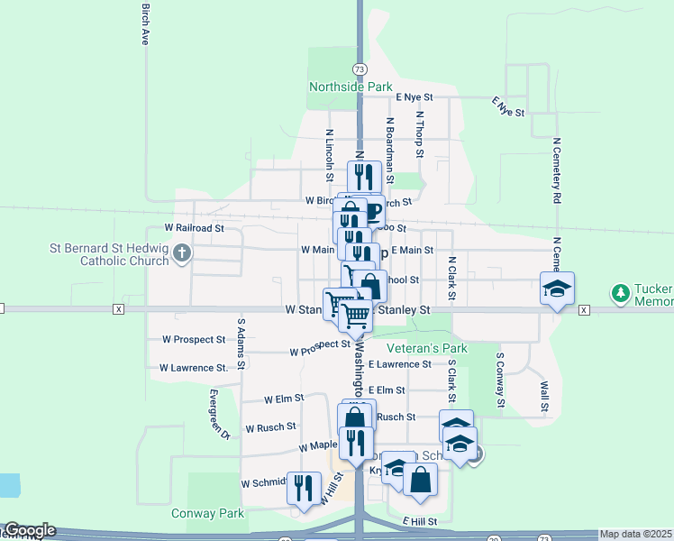 map of restaurants, bars, coffee shops, grocery stores, and more near 103 West Main Street in Thorp