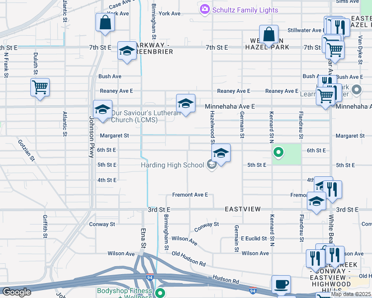 map of restaurants, bars, coffee shops, grocery stores, and more near 1492 Margaret Street in Saint Paul