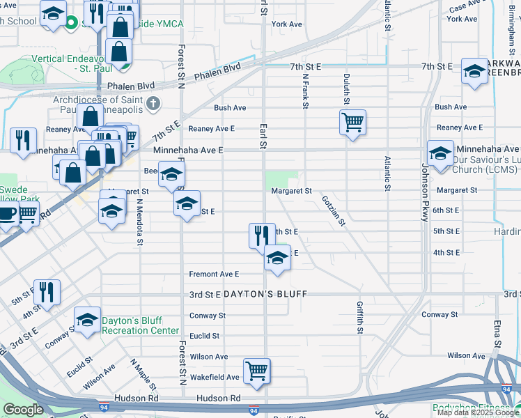 map of restaurants, bars, coffee shops, grocery stores, and more near 654 Earl Street in Saint Paul